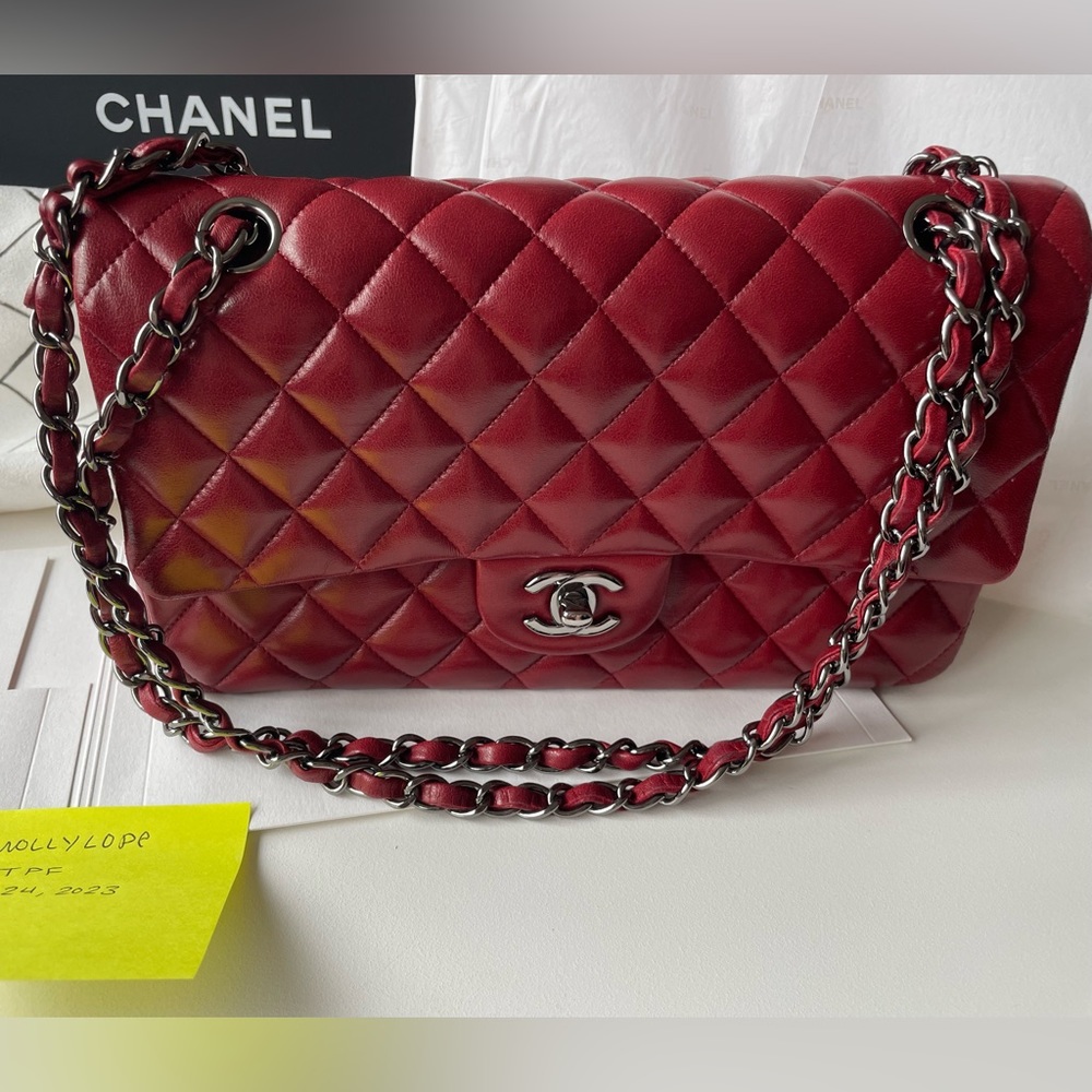 Chanel medium double flap lambskin burgundy red with silver hardware full set